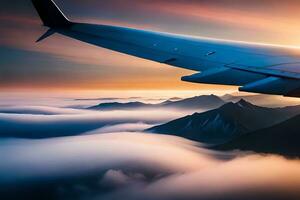 an airplane wing flying over the mountains at sunset. AI-Generated photo