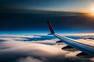 an airplane wing is seen flying above the clouds. AI-Generated photo