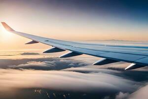 an airplane wing flying over the clouds. AI-Generated photo