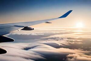 an airplane wing is flying above the clouds. AI-Generated photo