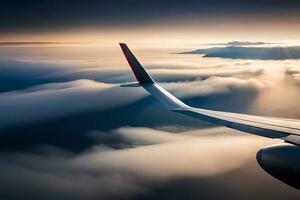 an airplane wing is seen flying over the clouds. AI-Generated photo