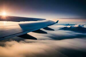 an airplane wing is seen flying over the clouds. AI-Generated photo