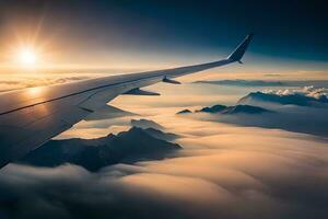 an airplane wing is flying over the clouds. AI-Generated photo