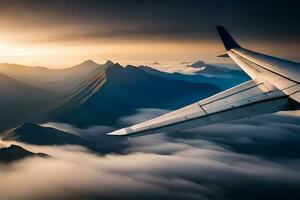 an airplane wing flying over mountains and clouds. AI-Generated photo