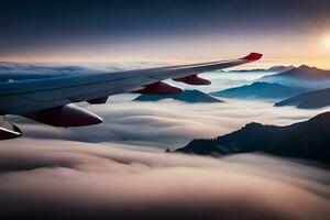 an airplane wing flying over the clouds. AI-Generated photo