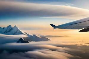 an airplane wing flying over mountains and clouds. AI-Generated photo