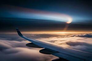 a plane wing is seen flying over the clouds. AI-Generated photo