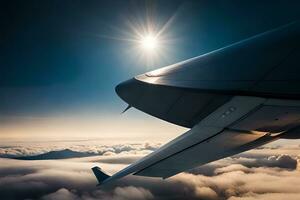 a view of the wing of an airplane flying over the clouds. AI-Generated photo