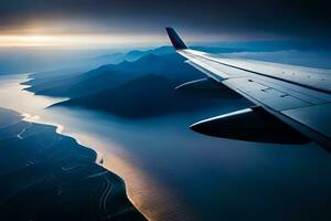 an airplane wing flying over a mountain range. AI-Generated photo