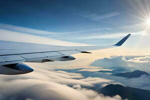 an airplane wing is flying above the clouds. AI-Generated photo