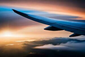 an airplane wing is seen flying over mountains and clouds. AI-Generated photo