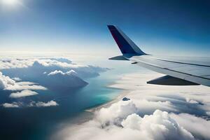 an airplane wing flying over the ocean and clouds. AI-Generated photo