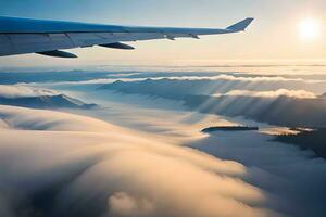 an airplane wing is flying over the clouds. AI-Generated photo