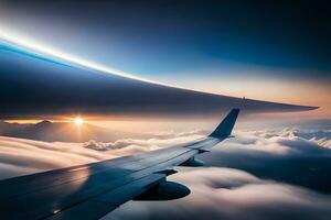 an airplane wing is seen flying over clouds. AI-Generated photo