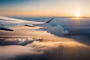 an airplane wing is seen flying over clouds. AI-Generated photo