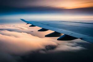 an airplane wing is seen flying over the clouds. AI-Generated photo