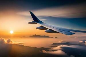 an airplane flying over the clouds at sunset. AI-Generated photo