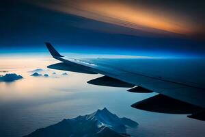 an airplane wing is flying over the ocean and mountains. AI-Generated photo