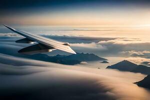 an airplane flying over the clouds with a view of mountains. AI-Generated photo