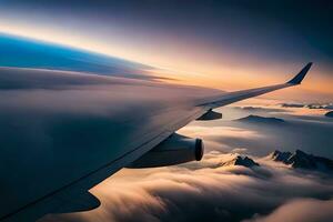 an airplane wing is seen flying over the clouds. AI-Generated photo