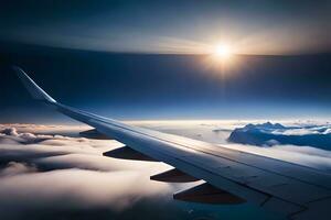 an airplane wing is seen flying above clouds. AI-Generated photo