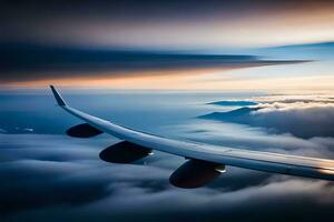 an airplane wing flying over the clouds. AI-Generated photo