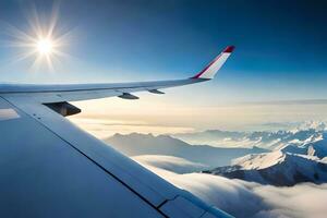 an airplane wing flying over a mountain range. AI-Generated photo