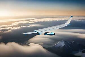 un grande avión volador terminado nubes en el cielo. generado por ai foto