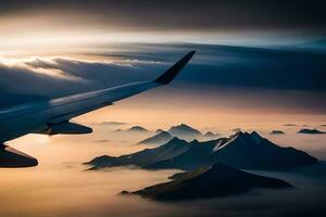 an airplane wing is flying over mountains and clouds. AI-Generated photo