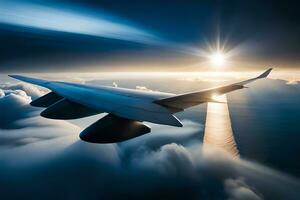 an airplane flying through the clouds with the sun shining. AI-Generated photo