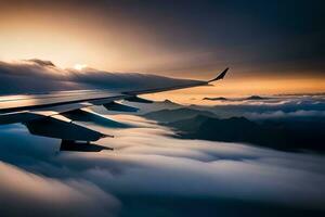 an airplane wing flying over clouds. AI-Generated photo