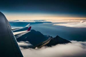 an airplane wing is seen flying over the clouds. AI-Generated photo