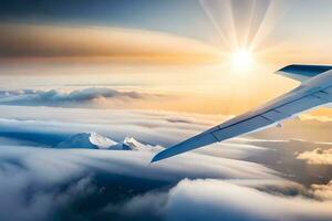 an airplane wing flying over clouds at sunset. AI-Generated photo