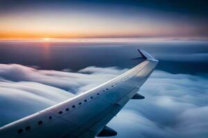 an airplane wing flying above the clouds at sunset. AI-Generated photo