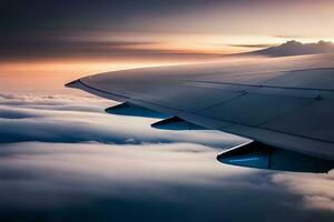 an airplane wing is seen flying over the clouds. AI-Generated photo