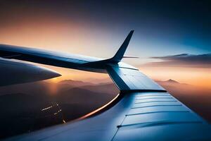 a view of the wing of an airplane at sunset. AI-Generated photo