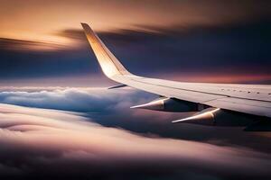 an airplane wing is seen flying above clouds. AI-Generated photo
