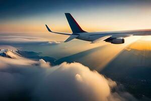 an airplane flying over a mountain range with clouds in the background. AI-Generated photo