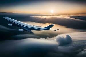 a large jetliner flying above clouds at sunset. AI-Generated photo
