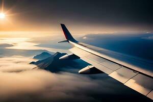 an airplane wing flying over the clouds. AI-Generated photo