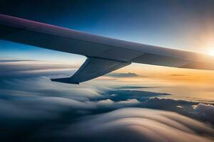 the wing of an airplane is seen flying over clouds. AI-Generated photo