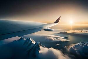 an airplane wing flying over the mountains. AI-Generated photo