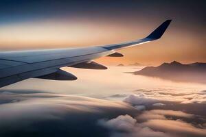 an airplane wing flying over the clouds at sunset. AI-Generated photo