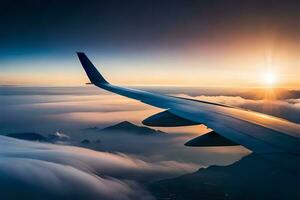 an airplane wing is seen flying over clouds. AI-Generated photo