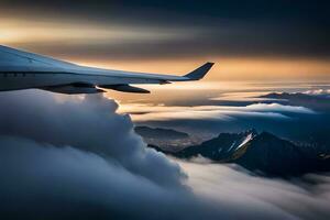 an airplane wing flying over clouds and mountains. AI-Generated photo