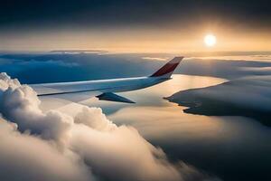 an airplane wing flying over clouds and water. AI-Generated photo