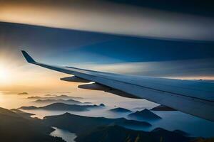 an airplane wing flying over mountains and water. AI-Generated photo
