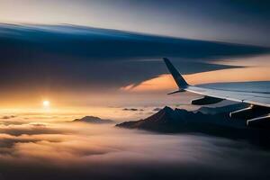 an airplane wing is flying over the clouds at sunset. AI-Generated photo