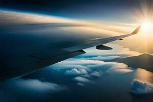 un avión ala es volador terminado el Oceano y nubes generado por ai foto