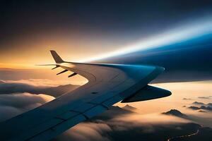un avión ala volador terminado el nubes a puesta de sol. generado por ai foto
